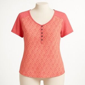Kuhl Womens L Coral Pink Floral Print Henley Button Short Sleeve Shirt Geometric